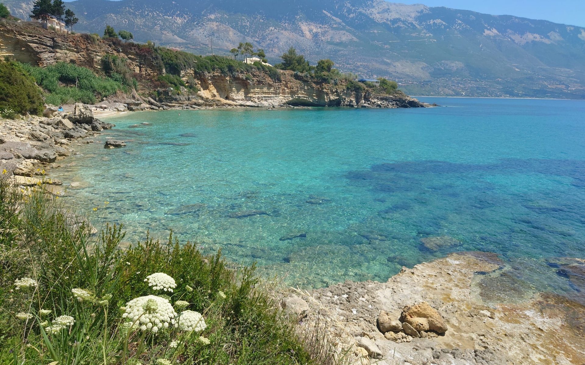 Scenic coastline of Kefalonia, Greece with clear blue waters